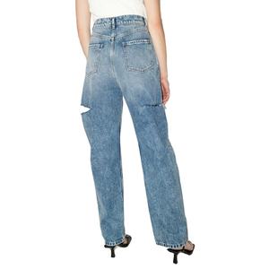Jean en denim bleu personnalisé pour femme, taille haute, coupe droite, déchiré - Product Image 4