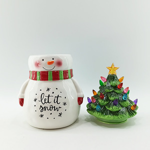 Christmas Snowman <b>Cookie</b> <b>Jar</b> With Led Tree Lid Resin Airtight Kitchen Storage Container Holiday Decor - Product Image 3