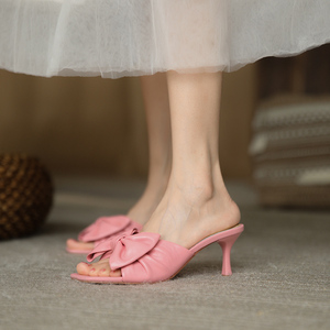 New Summer Luxury Sheepskin Leather Outdoor Heel Bride Wedding Party Women <b>Slide</b> Sandal With Bow <b>Slippers</b> - Product Image 1