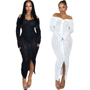Elegante elegante con <span class=keywords><strong>scollo</strong></span> <span class=keywords><strong>a</strong></span> <span class=keywords><strong>barca</strong></span> <span class=keywords><strong>a</strong></span> spalla Sexy ondulato <span class=keywords><strong>a</strong></span> <span class=keywords><strong>manica</strong></span> <span class=keywords><strong>lunga</strong></span> avvolgente <span class=keywords><strong>abito</strong></span> lungo <span class=keywords><strong>abito</strong></span> lungo - Product Image 2