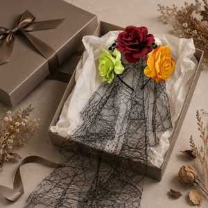 Serre-tête floral multi-tons frais rouge, orange, vert, rose, avec voile et <span class=keywords><strong>couronne</strong></span> de <span class=keywords><strong>cheveux</strong></span> en maille d'araignée - Product Image 2