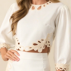 Conjunto de Dos Piezas de Encaje de Alta Gama con Bordado Sólido para Mujer, Mangas Largas, Estilo Casual Bohemio, Traje Formal de Dos Piezas para Mujer - Product Image 4