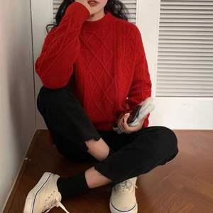 Sweter lengan panjang kerah Crew untuk wanita, Sweater Pullover rajut kabel longgar musim gugur modis - Product Image 6