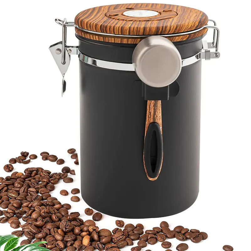 लकड़ी ढक्कन कॉफी कैनिस्टर स्टेनलेस स्टील खाद्य भंडारण कंटेनर 304 साथ स्कूप कॉफी बीन भंडारण टैंक के साथ