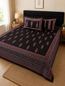 Black Cotton Bedsheet Set King Size <b>Flat</b> Sheet with 2 <b>Pillow</b> Covers Traditional Indian Floral Bedding Soft Cotton Home Decor - Product Image 6