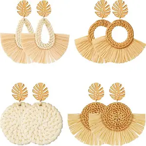 Rattan Earrings Tassel Earrings for Women Girls Lightweight Acrylic Geometric Statement Woven Bohemian Handmade Earrings