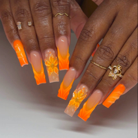 Faux ongles à presser en gros, faits main, en acrylique, carrés moyens, style 'Duck', dégradé rose-jaune, avec découpe, faux ongles français, couvrance totale 3D