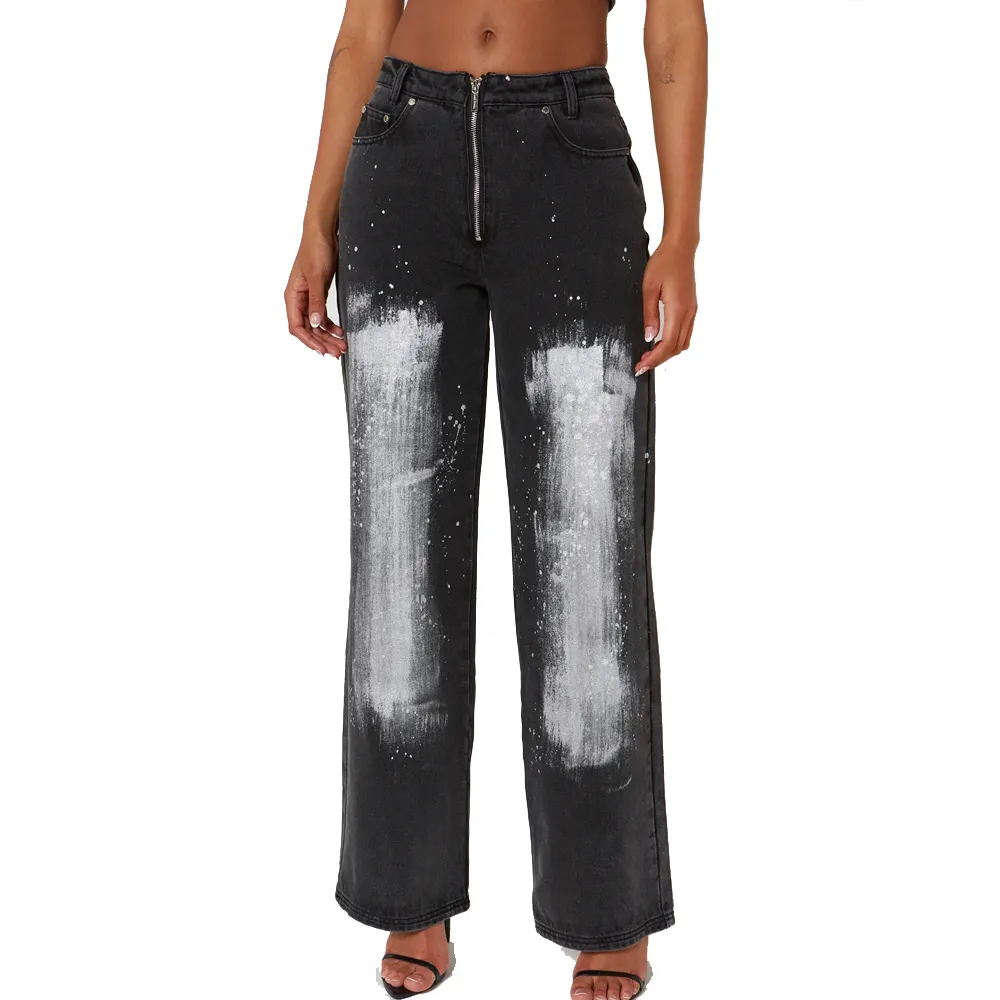 Groothandel Dames Relaxed Straight Leg Broek Black Paint Splatter Denim Jeans