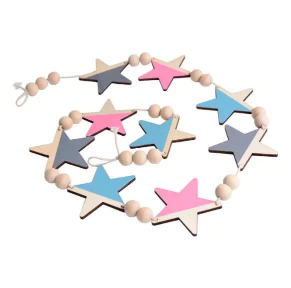 Nordic Ins Style Wood Stars Hanging Strings Girls' Heart Wall Decoration Creative Home Soft Ornament