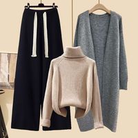 Nouvel Ensemble Élégant de Trois Pièces pour Femme : Pull Col Montant, Blouson Tricoté et Pantalon Large Tricoté