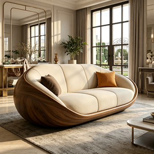 Sofá Curvo Tapizado en Beige con Estructura Exterior de Fibra de Vidrio con Acabado en Madera de Nogal para Espacios Residenciales de Lujo - Product Image 2