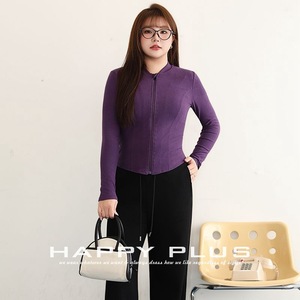 Happy Plus Zippered Fitted <b>Long</b> <b>Sleeve</b> <b>Top</b> N9041 Purple Plus Size Women's Sweater Solid Color Viscose Fiber Medium Thickness - Product Image 3