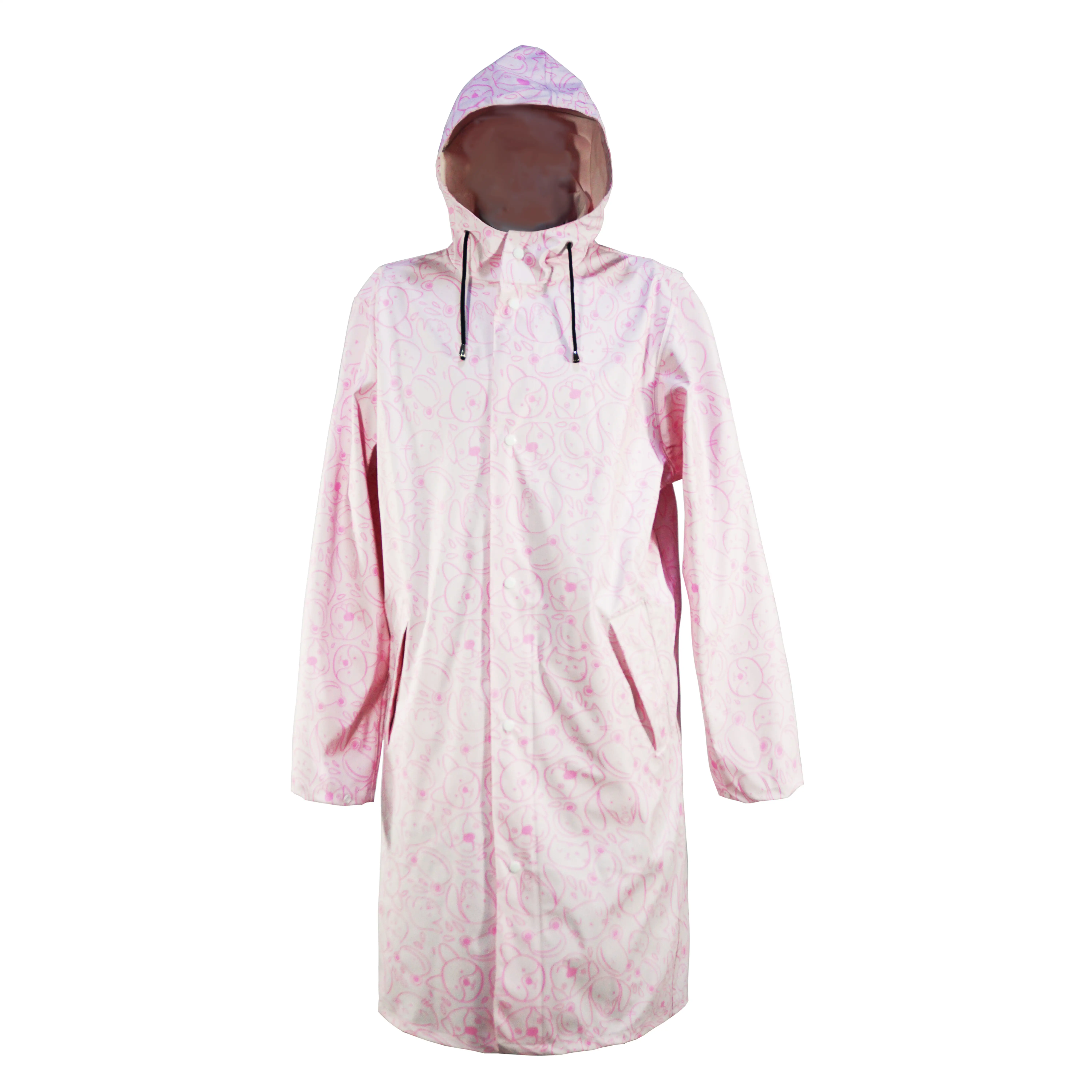 OEM New Design Pink Waterproof Raincoat Fashion Women Men Long Rain Coat Jacket Hooded With Custom Logo