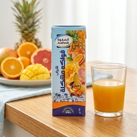 Boîte de présentation en carton ondulé recyclable, marque ECO, qualité alimentaire, finition brillante mate, motif fruits tropicaux, boissons énergisantes, jus