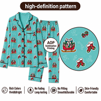 Ensemble de pyjama pour femme en polyester et élasthanne, motif de chaussette de Noël personnalisé turquoise, col rabattu, tricoté sur le devant, MOQ