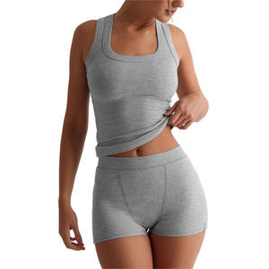 Conjunto de Verano para Mujer al por Mayor de Fábrica, Camiseta sin Mangas de Color Liso Informal, Pantalones Cortos de Cintura Alta, Cintura Elástica, Pijama Sexy, Cuello Redondo, Tejido de Punto - Product Image 2