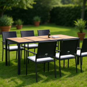 Ensemble de jardin en polyrotin, 74,8 x 35,4 x 29,5 pouces, table noire et 6 chaises, mobilier d'extérieur résistant aux intempéries, design contemporain - Product Image 2