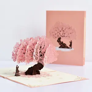 Moda Personalizado Rosa Cherry Tree Valentine Laser Cut Casamento 3d Pop Up Cartão com envelope