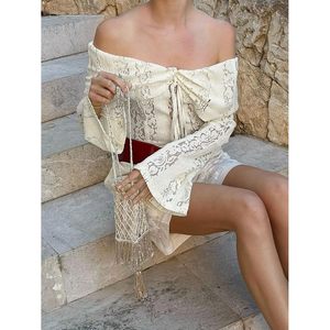 Lace Off Shoulder <b>Bell</b> Sleeve Crop Top Women Back Zipper Sheer Layer Y2K Party Holiday Wear - Product Image 2