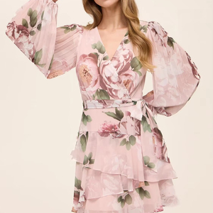 Women's Romantic Blush Pink Peony Floral Print V-Neck <b>Wrap</b>-Tie Waist Long Puff Sleeves Ruffle Chiffon Mini Dress for Wedding - Product Image 6