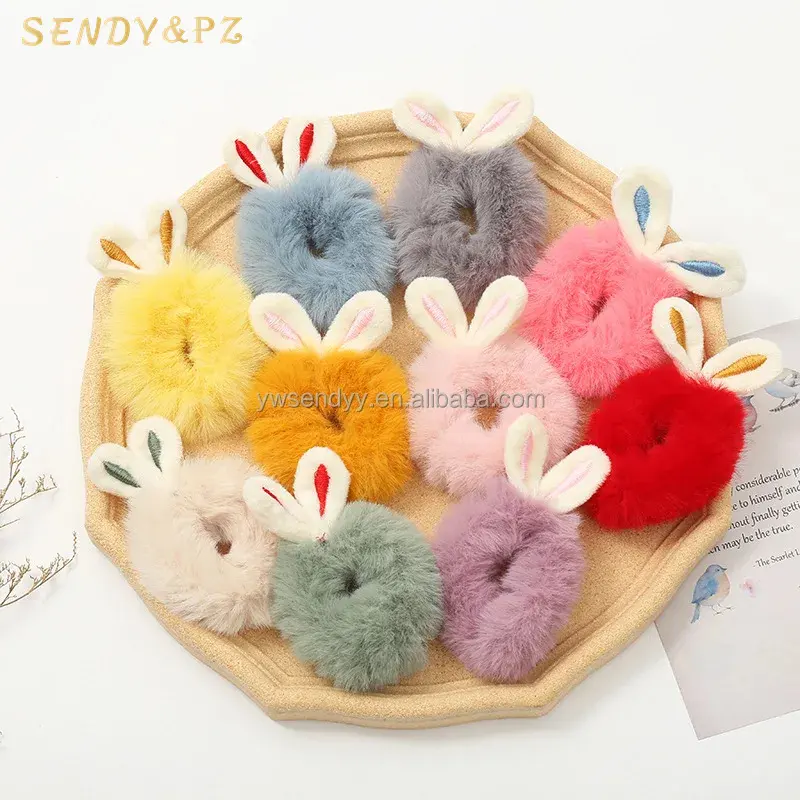 New popular girl rabbit ear plush hair ties for kids bunny cute solid color kids headwear manufacturers wholesale