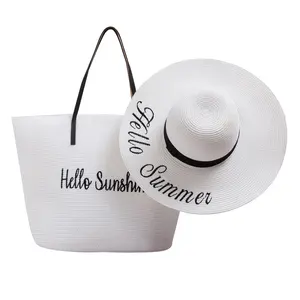 Wholesale High Quality Straw Hat and Straw Bag Set for Beach Box Durable Adults 3D Embroidery Character Female Ribbon & Rope