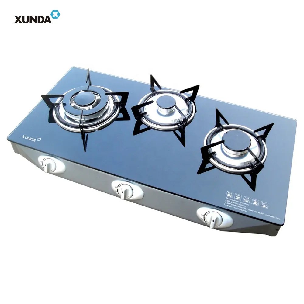 Xunda China Wholesale Gas Stove 3 Burner Tempered Glass Table Top Cooktops For Kitchen Appliance
