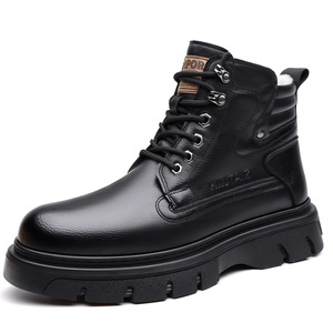 Bottes à lacets en cuir véritable pour hommes, bout rond, doublure en fourrure, semelle en caoutchouc, bottes d'hiver chaudes antidérapantes pour la neige - Product Image 5