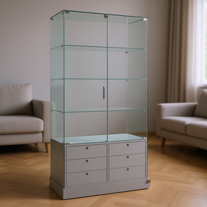 Vitrina Moderna de Vidrio 75x46x180cm Gris Claro, 6 Cajones, Puertas con Cierre y Bisagras, Base de Vidrio Templado con Ruedas - Product Image 3