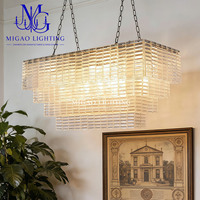 Lustre rectangulaire en verre artistique texturé à grille étagée de style médiéval français, suspension de luxe pour villa, îlot de salle à manger, plafond haut