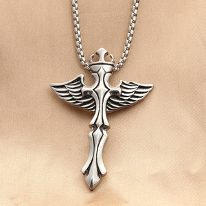 Stainless Steel <b>Cross</b> Pendant With Wings Men's Punk Style Necklace Geometric Design 280436 - Product Image 1