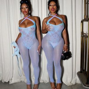 Mono ajustado sin mangas de malla con cuello halter para mujer, diseño hueco transparente, ideal para fiestas, ajuste sin costuras, Colección 2026 - Product Image 1