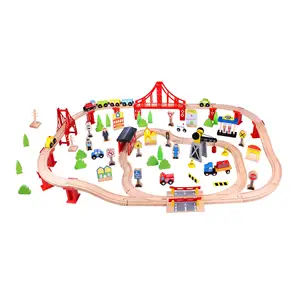 Eco-friendly Naturally Wooden Battery Operated Railway Train Track Builder Transportation Set Of Wood Train Railway