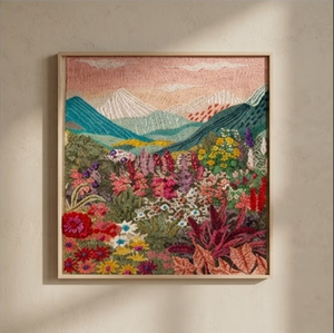 RESIN FRAME-<b>PINK</b>- Modern Textured Landscape Embroidery Art - Floral & Mountain Needlework - Framed <b>Home</b> <b>Decor</b> (21 CM X 21 CM) - Product Image 1