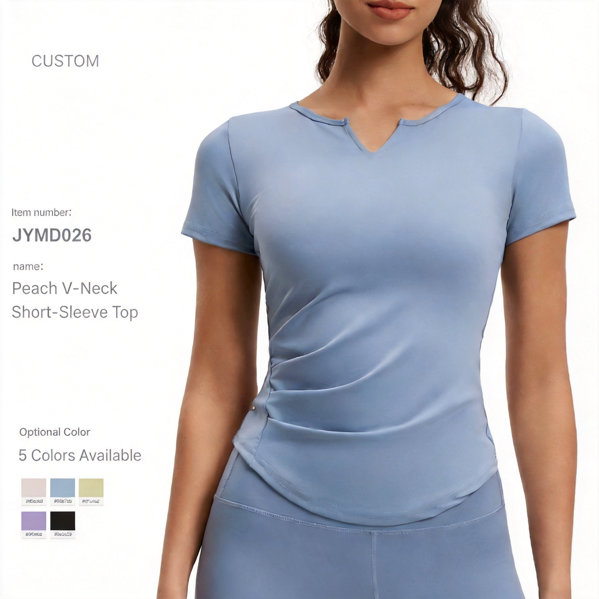 Custom Nylon Spandex Quick Dry V Neck Slim Fit Women Yoga Short Sleeve T Shirt with Ruched Waist for Gym Yoga Running Workout