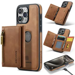 Casing ponsel kulit PU iPhone 15, tas dompet ponsel magnetik, tas dompet kulit PU Retro bisa dilepas, penutup ponsel untuk iPhone 13 14 15 Pro Max