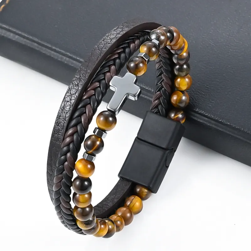 New leather bracelet men's classic fashion beaded multi-layer leather tiger's eye natural stone bracelet men's bracelet