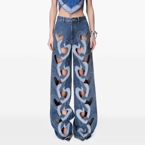 Jean ample taille haute pour femme, style décontracté, patchwork, en denim, avec broderies décoratives, trous brodés, motif dessin animé sexy - Product Image 2