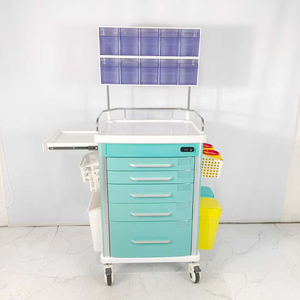 Chariot d'anesthésie hospitalier avec plateau supérieur en ABS, verrouillage centralisé, cinq tiroirs, étagère latérale dissimulée, double rangée, support réglable pour dix boîtes, verre souple - Product Image 1