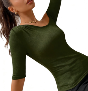Top a Costine <span class=keywords><strong>Monospalla</strong></span> Verde Oliva da Donna, Vestibilità Slim, Mezza Manica, Asimmetrico, Casual, per Streetwear Quotidiano e Feste - Product Image 3