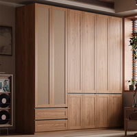 Armoire de chambre à coucher en placage de bois et rotin tressé, style Mid-Century, avec portes battantes, meuble de chambre, meuble sur mesure