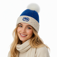 Bonnet à pompon personnalisé avec logo, bleu roi mélange, tricoté, revers, patch brodé, vente en gros, chaud pour l'hiver, unisexe