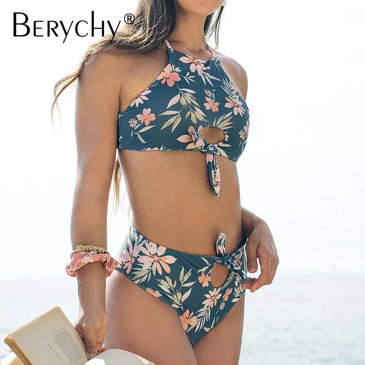 High Waist Bikini Crop Top Knotted Women Swimsuit Floral XXL Plus Size Bikini Set