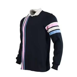 Camisetas de rugby de algodón grueso pesado Camisetas de polo clásicas de manga larga Ropa de equipo Camiseta de rugby de rayas doradas y moradas horizontales - Product Image 4