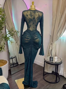 2026 Printed Long-Sleeved Ruffled Sexy Sheer Dress Set of 2 Including Undergarment - Product Image 3