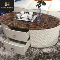 Nouveau design classique table basse salon base en acier inoxydable ovale en cuir stockage table basse avec tiroir