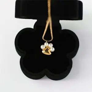 Titanium steel gold plated ball chain cute pet dog cat bear paw pearl pendant necklace for women