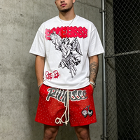 Ensemble court de survêtement streetwear vintage personnalisé pour homme, avec impression en relief, délavage acide et sérigraphie de strass, comprenant un t-shirt et un short