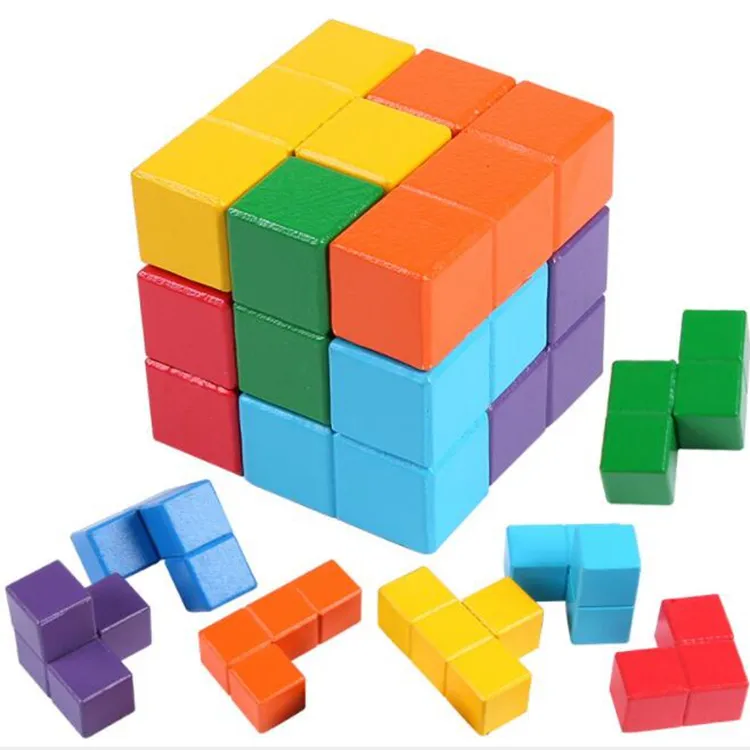 3d puzzle Montessori Amazon di vendita caldo Forma di combinazione di Intelligenza blocchi di accatastamento cubo di Legno blocchi di costruzione del giocattolo