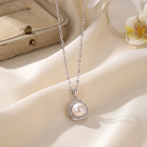 S925 Silver Freshwater Pearl <b>Necklace</b> Triple <b>Ring</b> Interlocking CZ Pendant Elegant Jewelry Gift for Women - Product Image 5